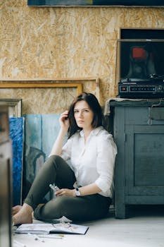 一位体贴的女人坐在艺术工作室的地板上，在创造性的环境中沉思