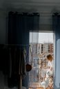 女人和她的狗在阳台上俯瞰城市天际线，远程工作