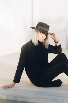 一位优雅的女人戴着时尚的帽子，身穿黑色服装