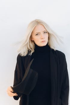 一位时尚女性身着黑衣，在白色背景下摆姿势，手里拿着一顶帽子