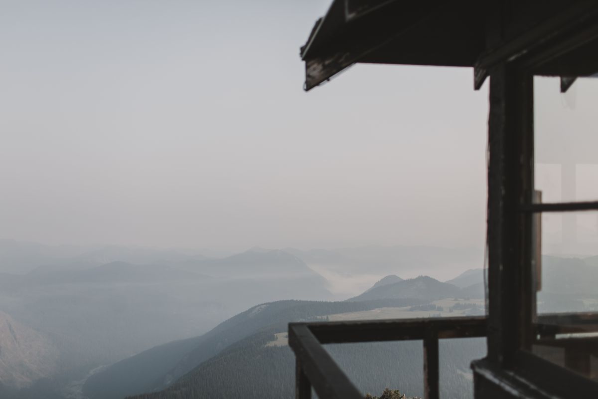 Cabin morning light with mountain view