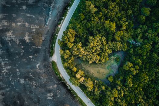 Drone view of long narrow asphalt road for automobiles between pond in verdant woodland and coastline of ocean