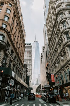 A bustling Manhattan street with One World Trade Center towering above, representing modern architecture in New York City.
