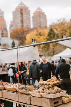 A vibrant farmers market in New York City with people browsing fresh produce on an autumn day.