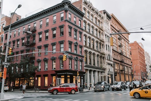 Dynamic street scene in Soho, NYC showcasing classic architecture and urban life.