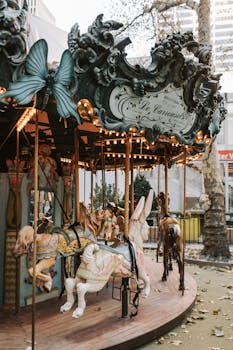 在纽约市的公园里，秋天时节捕捉经典旋转木马与华丽马匹的景象