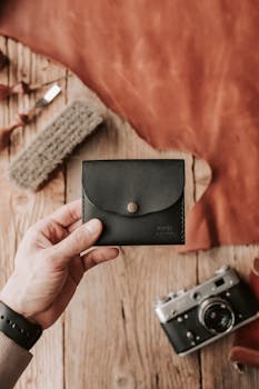 Close-up of a hand holding a handmade leather wallet on a wooden table with vintage camera.