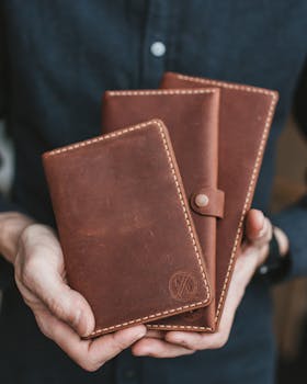 Close-up of hands holding three handcrafted leather wallets, showcasing craftsmanship.
