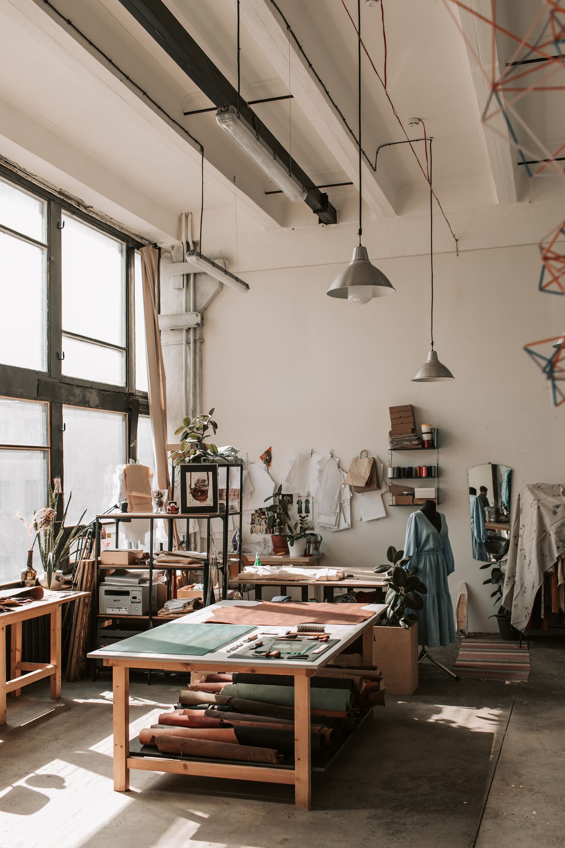 Sunlit workshop tables prepared for making