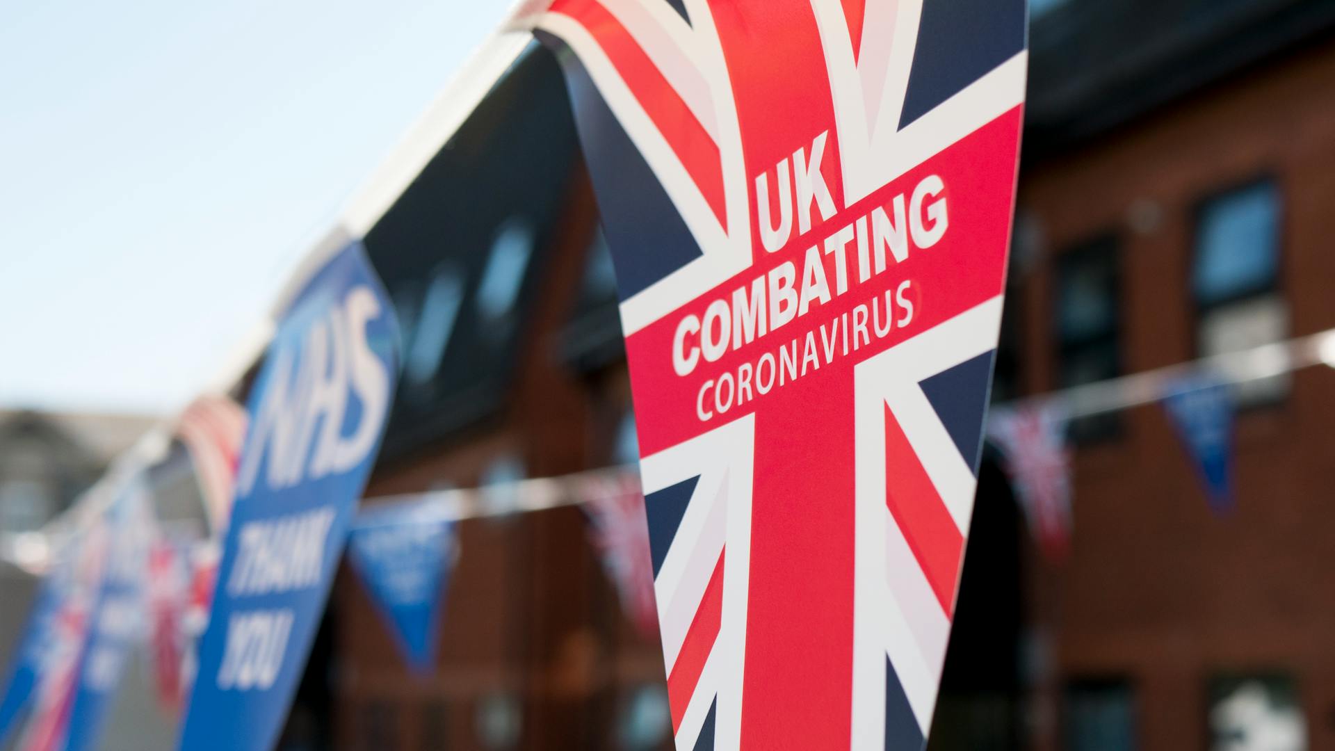 Close-up of UK bunting promoting NHS support during coronavirus pandemic in Cardiff.