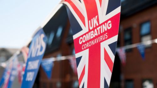 Free Close-up of UK bunting promoting NHS support during coronavirus pandemic in Cardiff. Stock Photo