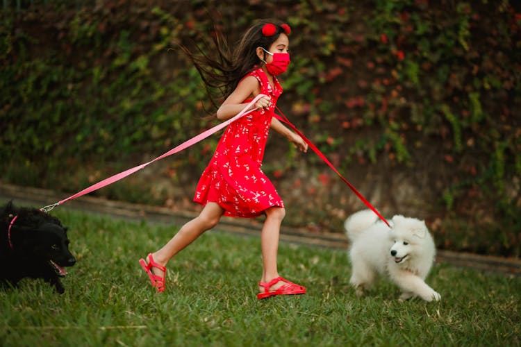 Photo Of Girl Running With Her Dogs On Grass Field