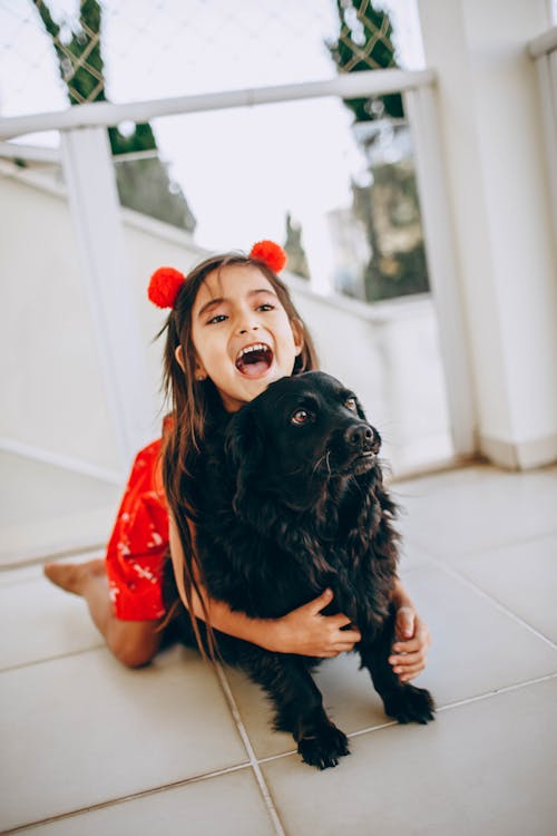 Free Woman in Red Dress Holding Black Dog Stock Photo
