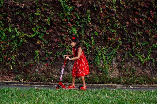 Free Side view of concentrated girl in summer dress riding kick scooter in park and enjoying weekend Stock Photo