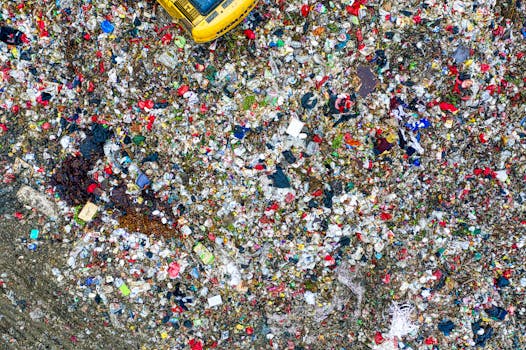 A bird's eye view of a sprawling garbage dump in Banten, Indonesia.