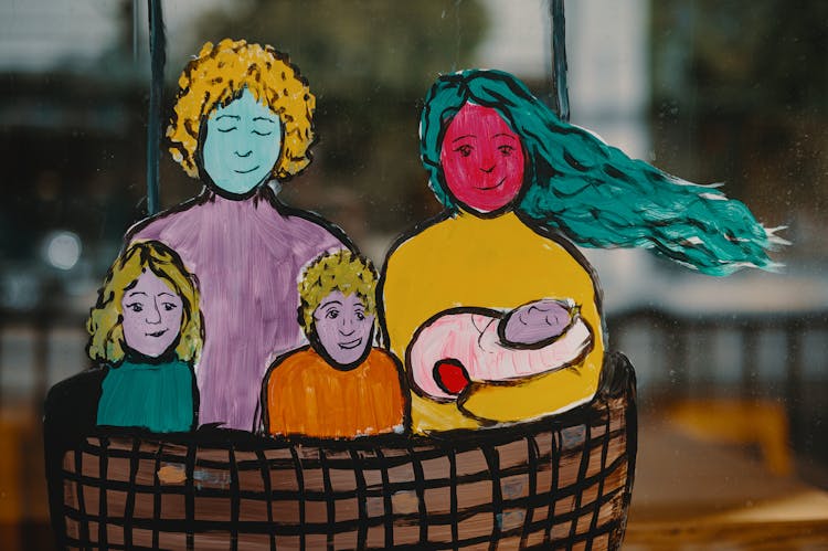 Colorful Picture Of Family With Baby In Basket