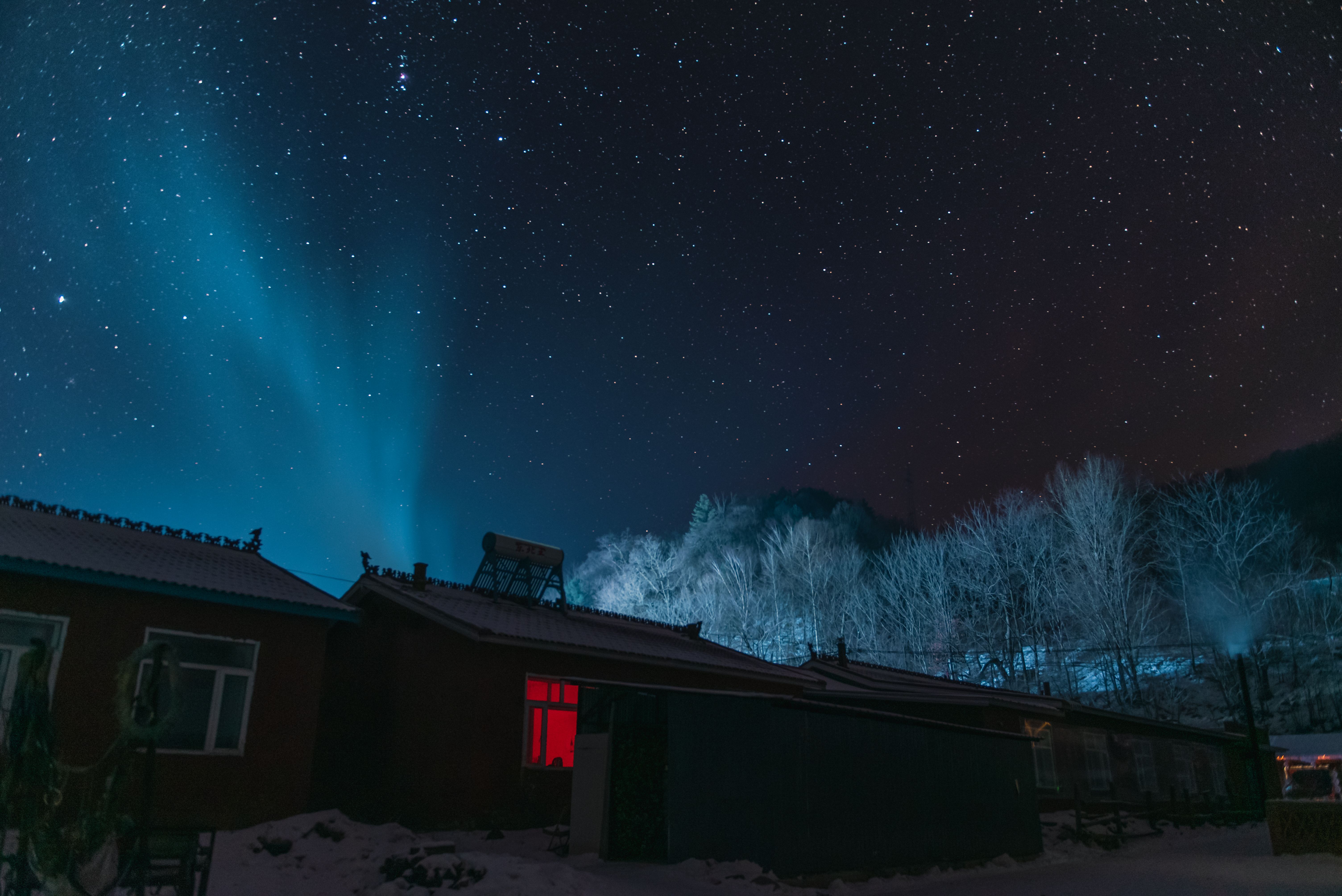 在美丽的中国哈市，星空覆盖着白雪皑皑的屋顶和光秃秃的树木