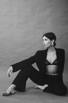 工作室中，一位女性优雅的黑白时尚肖像散发着时尚与优雅