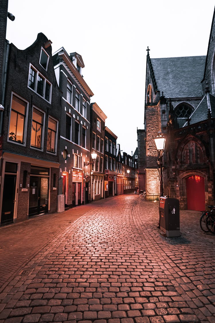 Illuminated Street Lights Near City Buildings