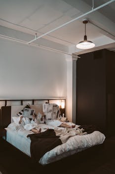 A couple enjoys a relaxing morning, reading newspapers in a stylish hotel bedroom.