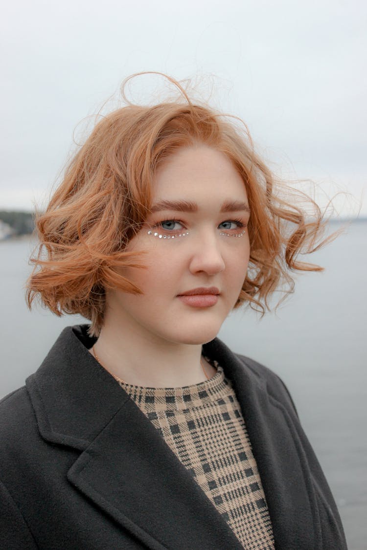 Portrait Of Red Hair Woman With Crystals Under Eyes