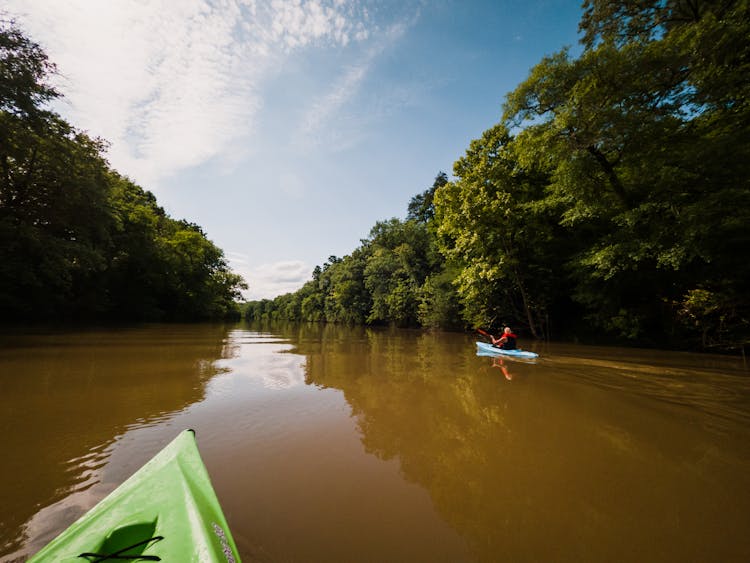 Faceless Traveler On Motor Boat On River Near Trees