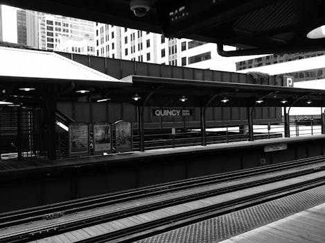 Black and white of railroad near roofed terminal and contemporary house facade in town
