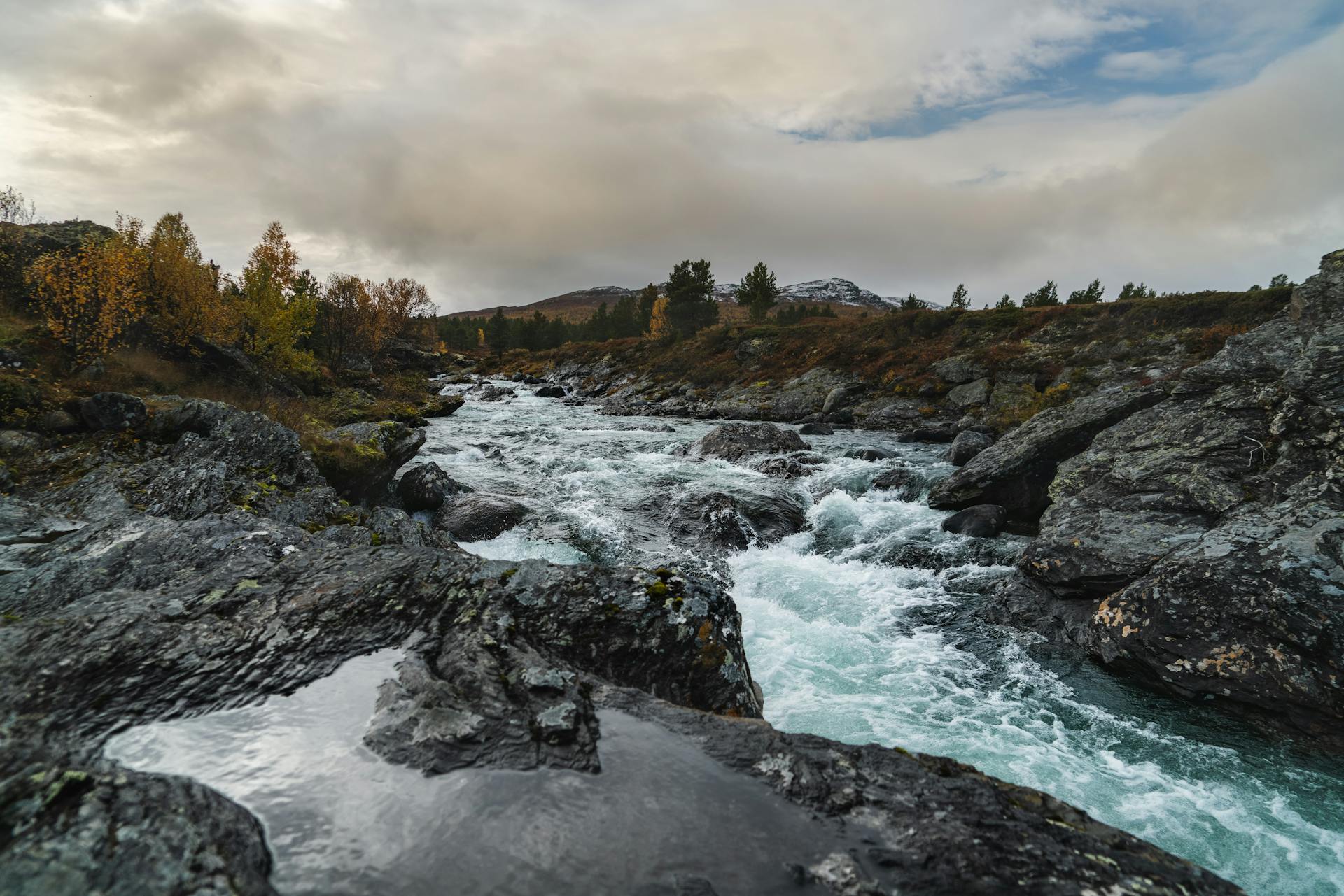 Norwegian river rapids flowing through rocky landscape with autumn foliage under dramatic sky.