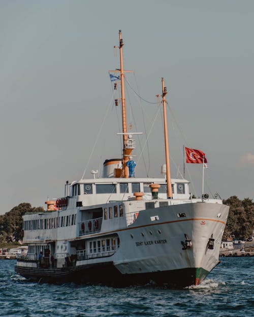 Modern ship sailing on river near harbor