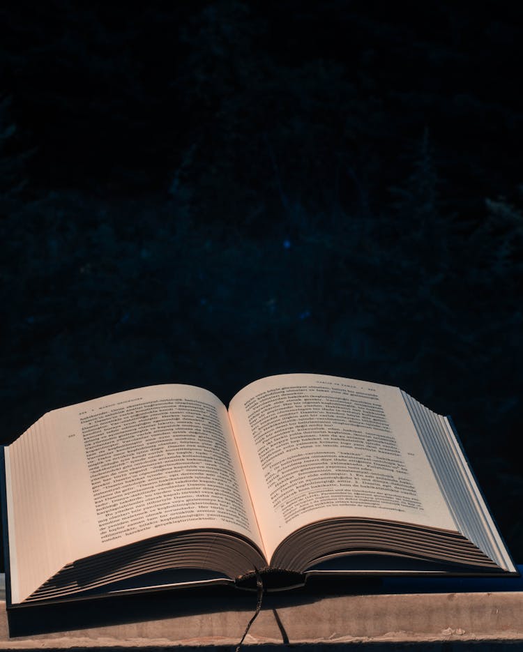 Opened Textbook On Wooden Surface At Night