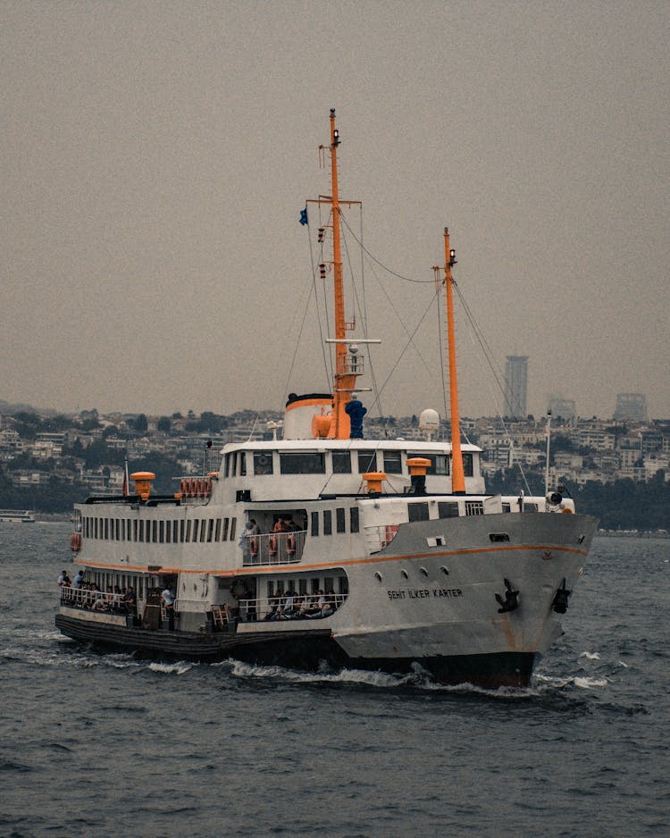 Modern Cruise Ship Sailing On River