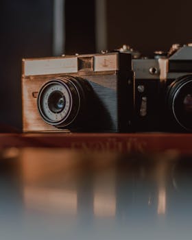 Shabby vintage film photo cameras with retro old fashioned lens  and weathered body placed on wooden table with reflection