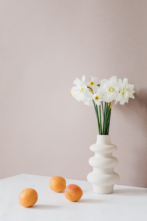 Arrangement of Apricots and Bunch of White Daffodils in Vase