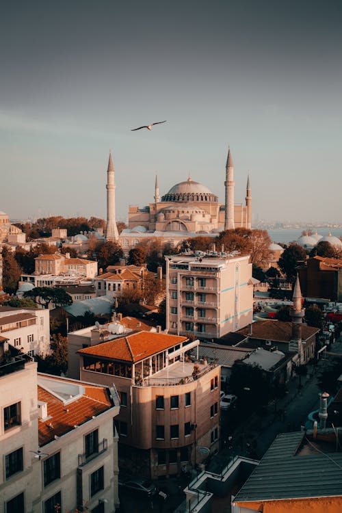 Colorful town with buildings and old mosque