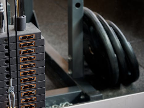 Detailed view of a gym machine's weight stack and weight plates, ideal for fitness-themed visuals.