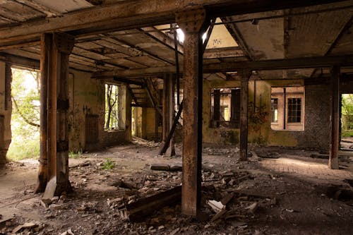 Weathered industrial building with metal columns and ruins on floor located near tress on sunny day