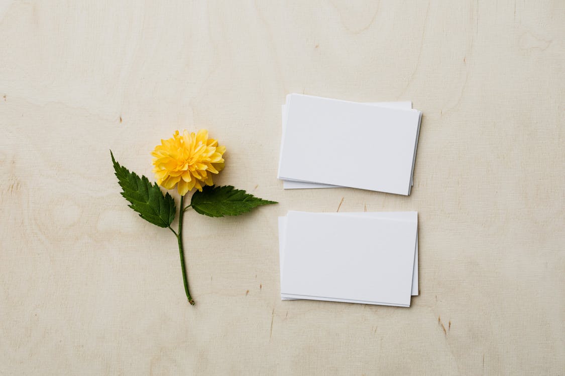 Blank mockup business cards and yellow flower on desk