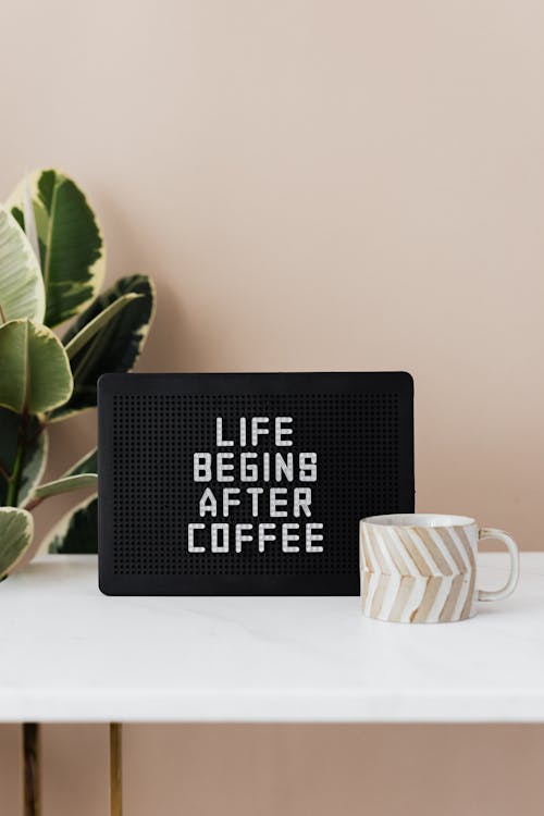 Light up letter message board reading Life Begins After Coffee and ceramic coffee cup on table with green pot plant near pastel pink wall