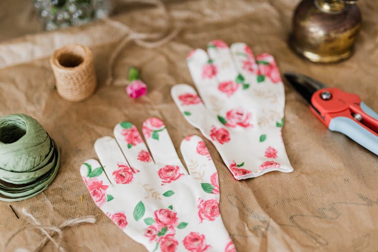 Garden Gloves With Floral Print Together With Pruner And Twine