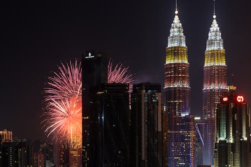 Petronas Twin Towers with Fireworks at Night