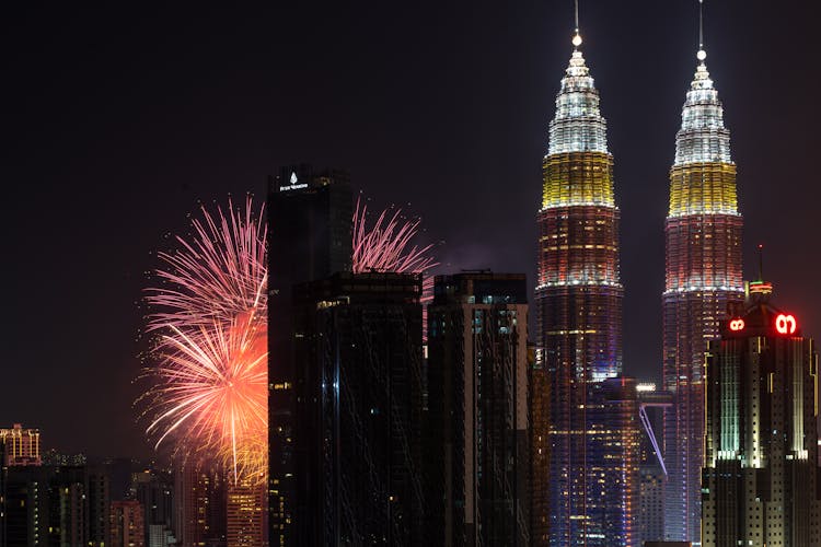 Petronas Twin Towers With Fireworks At Night