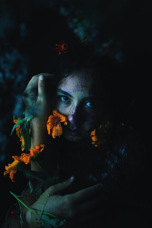 Free From above young woman with orange flowers looking at camera while resting in dark nature Stock Photo
