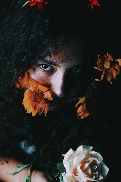 Free From above young woman with curly hair hiding face in bunch of flowers and looking at camera in darkness Stock Photo