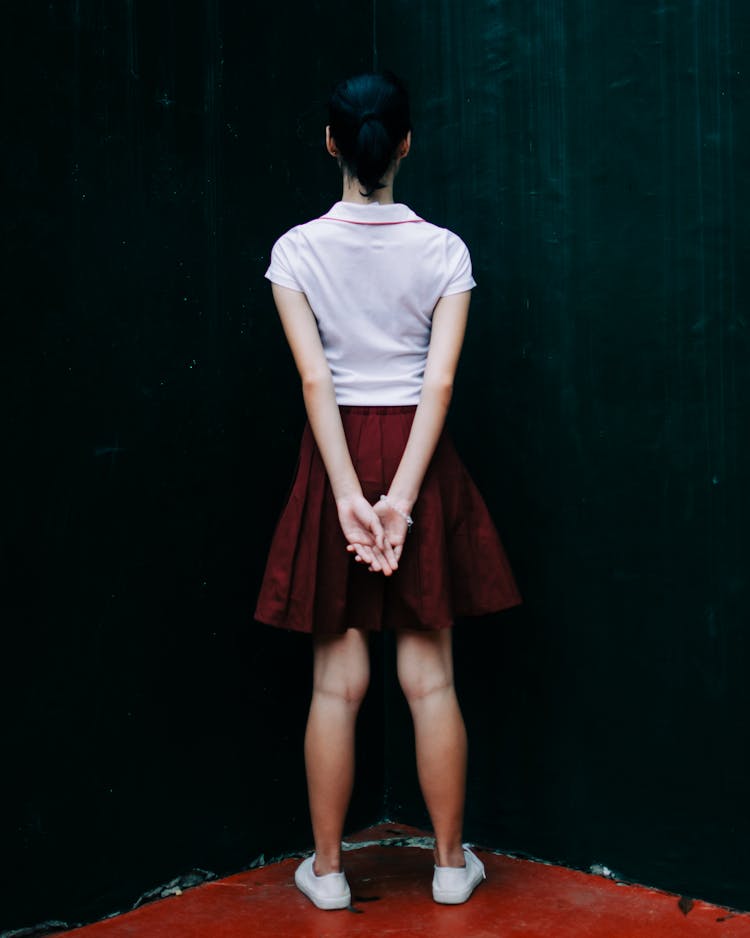 Back Of Woman In Skirt And T Shirt