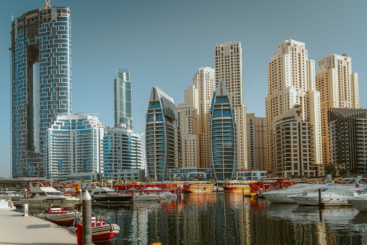 Marina With Panorama Of Modern Skyscrapers In Background