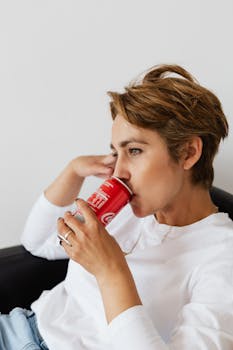 Side view of adult thoughtful female with ring in casual wear sitting on cozy armchair leaned on hand while enjoying coke and looking away