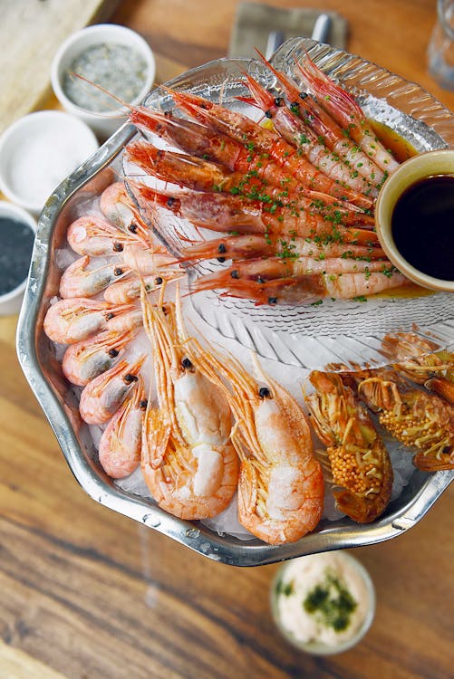 Cooked Prawns on Stainless Steel Tray