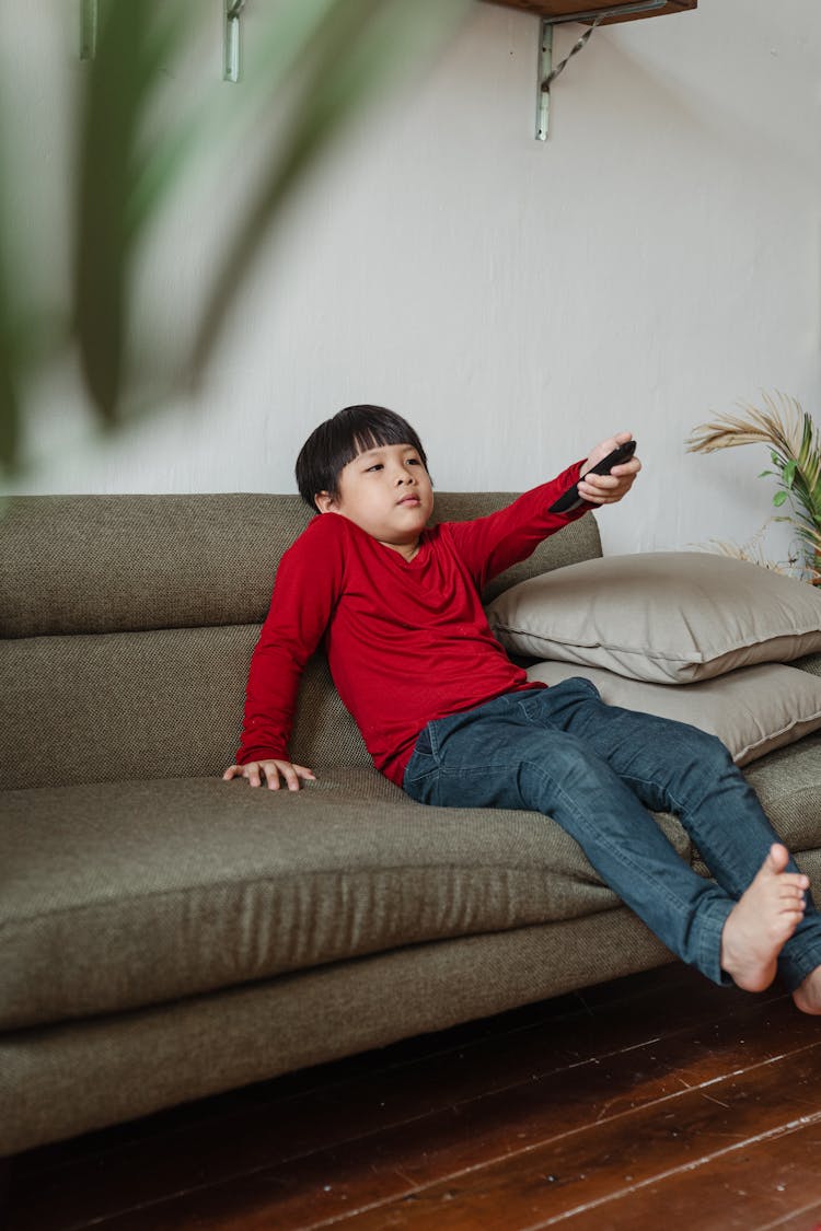 Content Ethnic Boy Resting At Home Watching TV