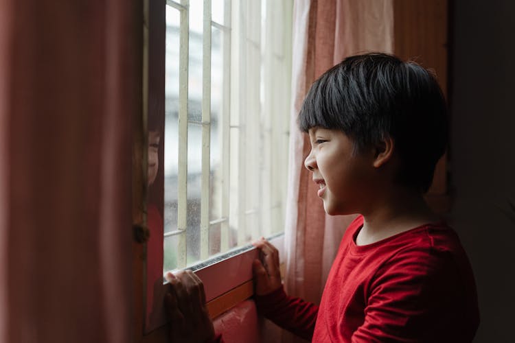 Curious Little Boy Wrinkling Nose Near Window