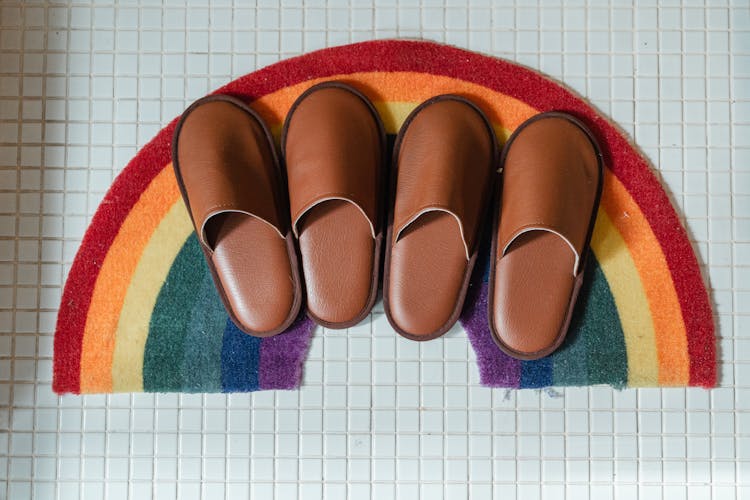 Brown Leather Slippers On Rainbow Bathroom Mat